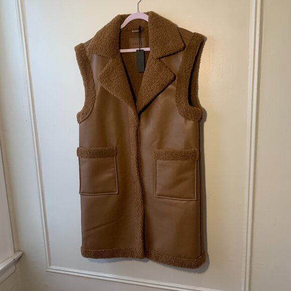 BLANKNYC Faux Leather & Shearling Long Vest Brown Sherpa Collar Sleeveless - Picture 2 of 6
